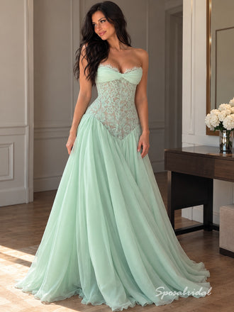 Mint Sweetheart Lace Corset Tulle Evening Dress, Strapless Twist Bodice Floor Length A-Line Gown,PD4346