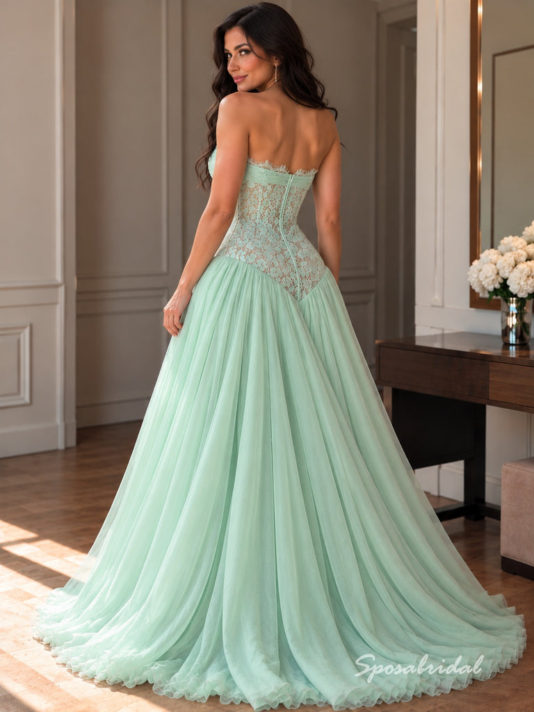 Mint Sweetheart Lace Corset Tulle Evening Dress, Strapless Twist Bodice Floor Length A-Line Gown,PD4346