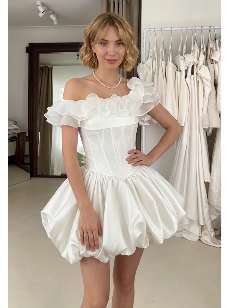 Modern White Satin Ruffle One Shoulder Short A-Line Bridal Gown, WD3111