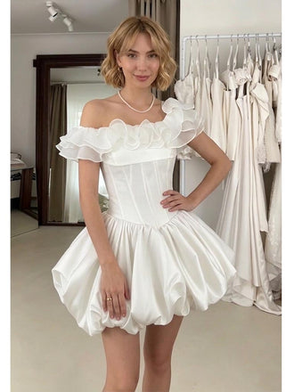 Modern White Satin Ruffle One Shoulder Short A-Line Bridal Gown, WD3111