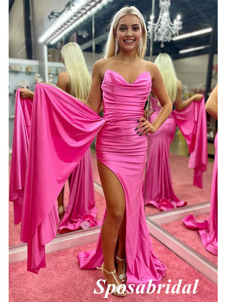 Sexy Soft Satin Sweetheart V-Neck Sleeveless Side Slit Mermaid Long Prom Dresses, PD3894