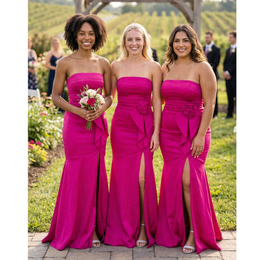 Hot Pink Satin Strapless Mermaid Bridesmaid Dress With Flower Detail, BD3471