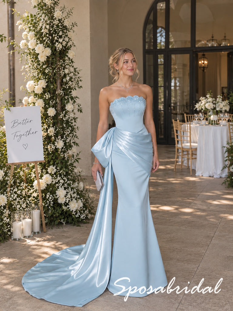 Elegant Sky Blue Satin Strapless Bridesmaid Gown With Beaded Bust And Draped Side Bow, PD4290