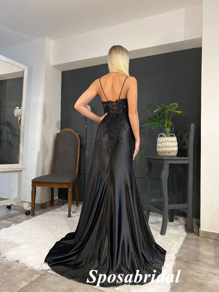 Sexy Satin And Lace Spaghetti Straps V-Neck Sleeveless Side Slit Mermaid Long Prom Dresses,PD3728