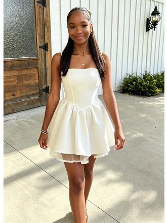 Simple White Spaghetti Straps A-Line Homecoming Dress for Graduation, PD3676