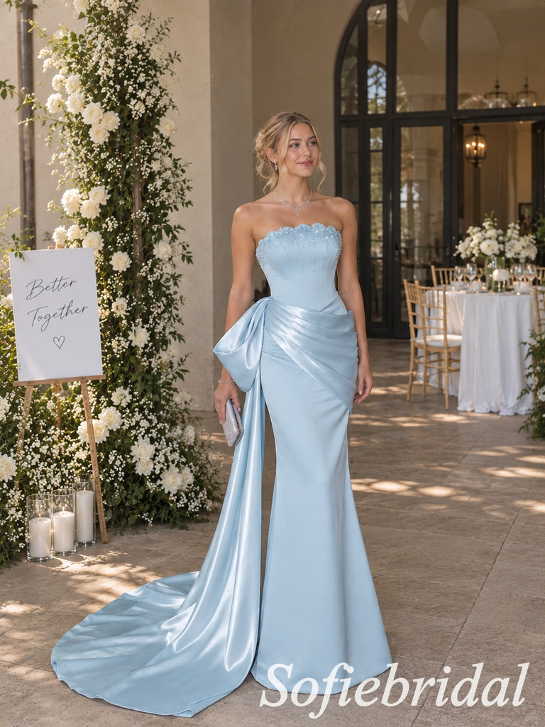 Elegant Sky Blue Satin Strapless Bridesmaid Gown With Beaded Bust And Draped Side Bow, PD4290