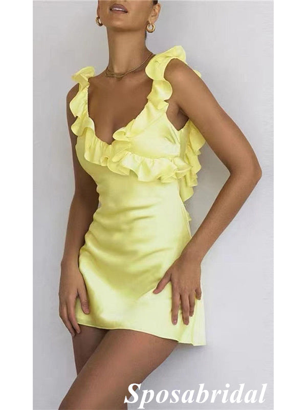 Sexy Soft Satin Spaghetti Straps V-Neck Sleeveless Mini Dresses/ Homec SposaBridal Sexy Soft Satin Spaghetti Straps V-Neck Sleeveless Mini Dresses/ Homec SposaBridal