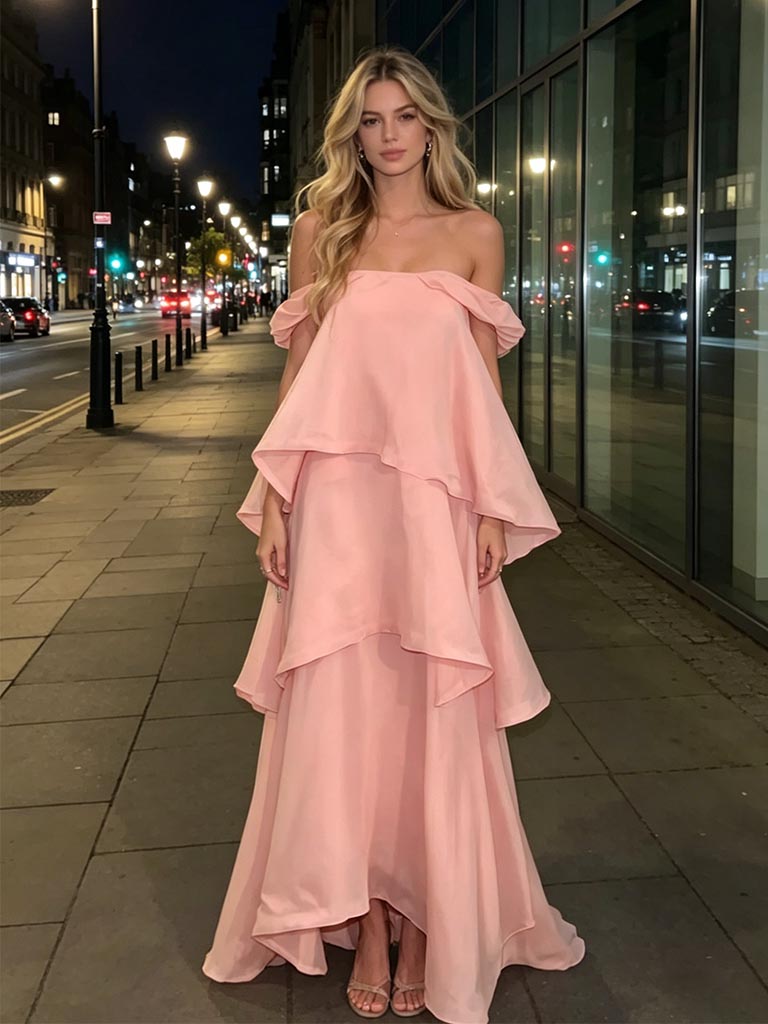Dreamy Pink Off Shoulder Tiered Maxi Dress, Elegant Formal Evening Gow SposaBridal Dreamy Pink Off Shoulder Tiered Maxi Dress, Elegant Formal Evening Gow SposaBridal
