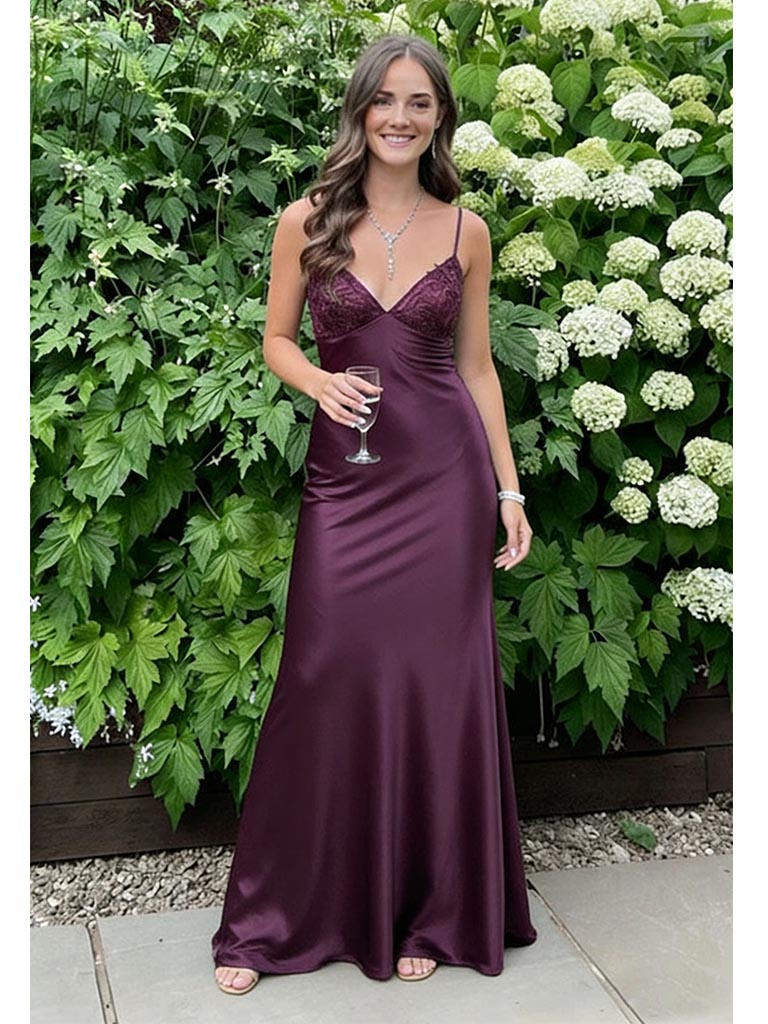 Plum Satin V-Neck Lace Bodice Mermaid Gown Elegant Evening Dress, PD4140