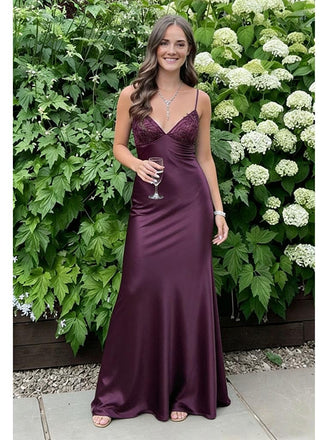 Plum Satin V-Neck Lace Bodice Mermaid Gown Elegant Evening Dress, PD4140