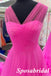 Lovely Hot-Pink Tulle Spaghetti Straps V-Neck A-Line Long Prom Dresses, PD3824