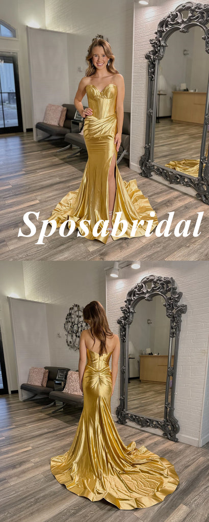 Sexy Gold Soft Satin Sweetheart V-Neck Side Slit Mermaid Long Prom Dresses, PD3783