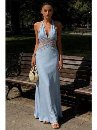 Light Blue Halter Neck Lace Sheer Evening Gown with Open Back and Button Detail, PD4149