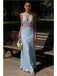 Light Blue Halter Neck Lace Sheer Evening Gown with Open Back and Button Detail, PD4149