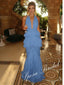 Sexy Chiffon Halter Ruffled Open Back Mermaid Floor Length Prom Dress, PD4090
