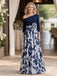 One Shoulder Navy Blue Floral Print Long Mother of the Bride Dress, SFM020