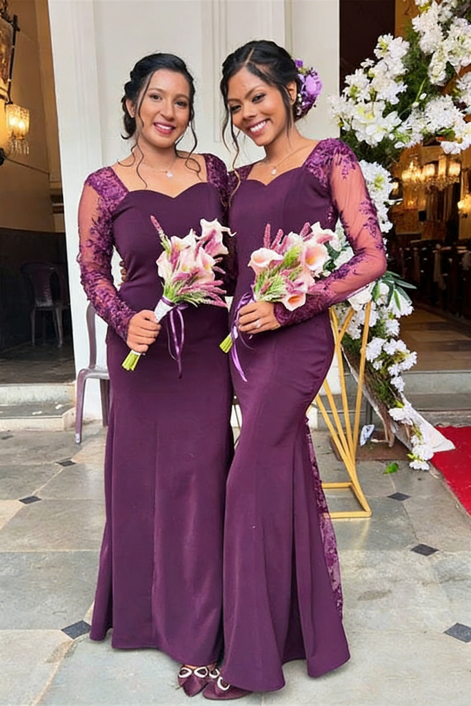 Elegant Lace Long Sleeves Floor-Length Mermaid Maxi Mermaid Bridesmaid Dresses, BD3410