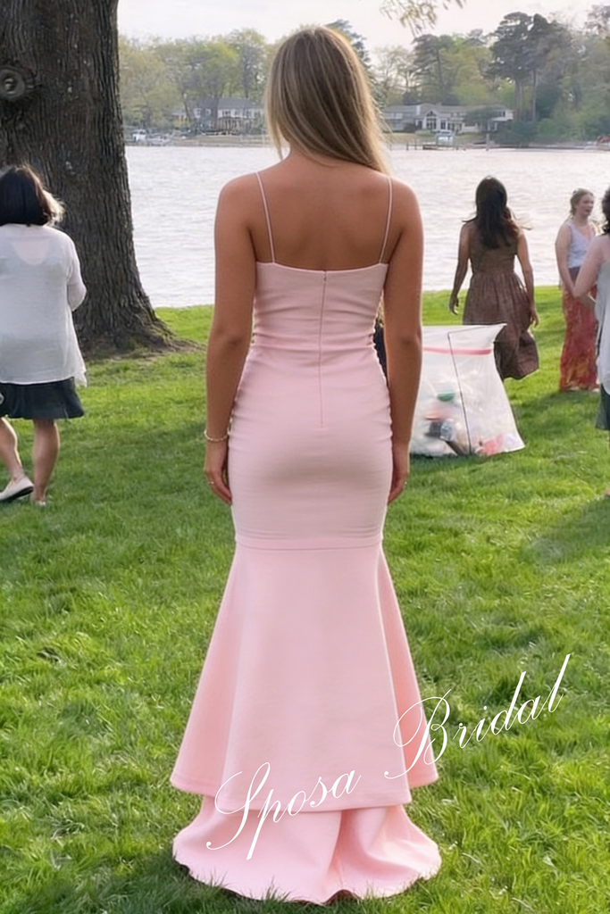 Sweet Crepe Spaghetti Straps Mermaid Floor Length Prom Dress, PD4094