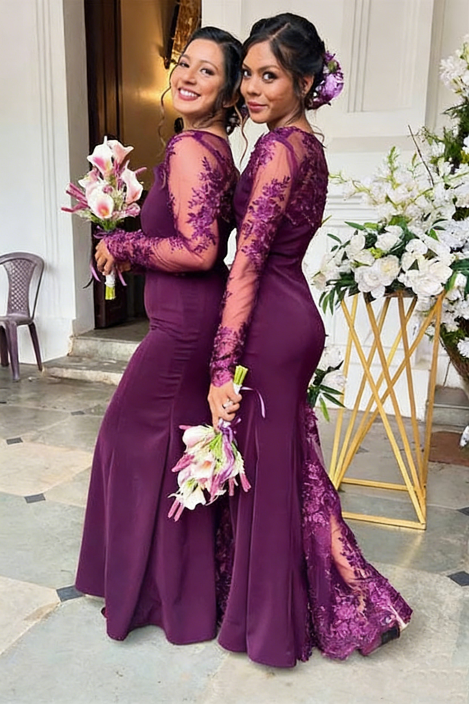 Elegant Lace Long Sleeves Floor-Length Mermaid Maxi Mermaid Bridesmaid Dresses, BD3410