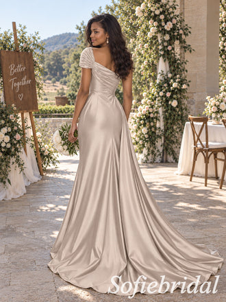 Luxury Champagne Satin Off The Shoulder Mermaid Bridesmaid Dress With Puff Short Sleeves, BD3480