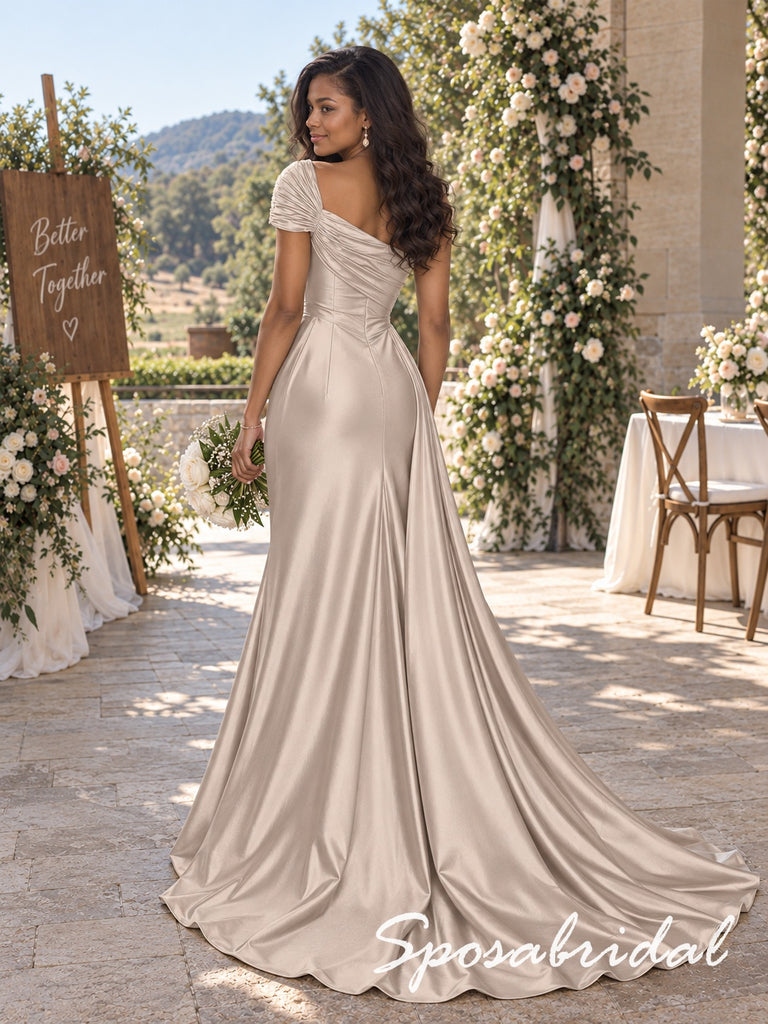 Luxury Champagne Satin Off The Shoulder Mermaid Bridesmaid Dress With Puff Short Sleeves, BD3480