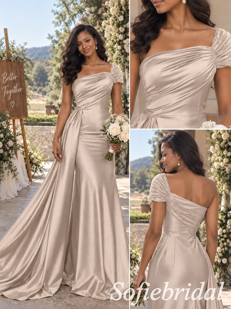 Luxury Champagne Satin Off The Shoulder Mermaid Bridesmaid Dress With Puff Short Sleeves, BD3480