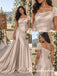 Luxury Champagne Satin Off The Shoulder Mermaid Bridesmaid Dress With Puff Short Sleeves, BD3480