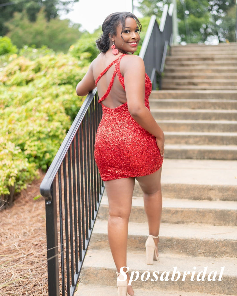 Sexy Red Sequin One Shoulder Sleeveless Sheath Mini Dresses/ Homecoming Dresses, PD3602