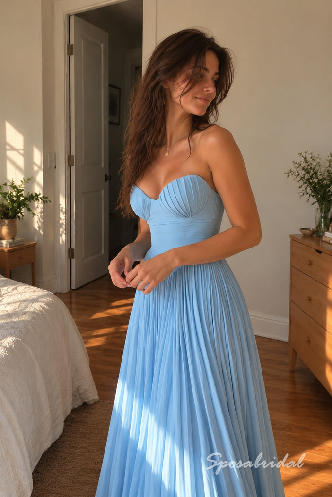 Light Blue Sweetheart Satin Chiffon Evening Dress, Strapless Pleated Bodice Floor Length A-Line Gown,PD4351