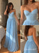 Light Blue Sweetheart Satin Chiffon Evening Dress, Strapless Pleated Bodice Floor Length A-Line Gown,PD4351
