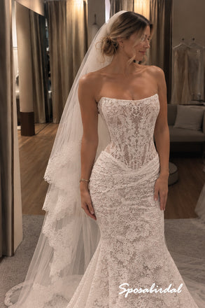 Strapless Lace Corset Mermaid Wedding Dress, Full Lace Fit and Flare Bridal Gown, WD3145