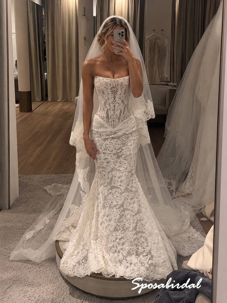 Strapless Lace Corset Mermaid Wedding Dress, Full Lace Fit and Flare Bridal Gown, WD3145