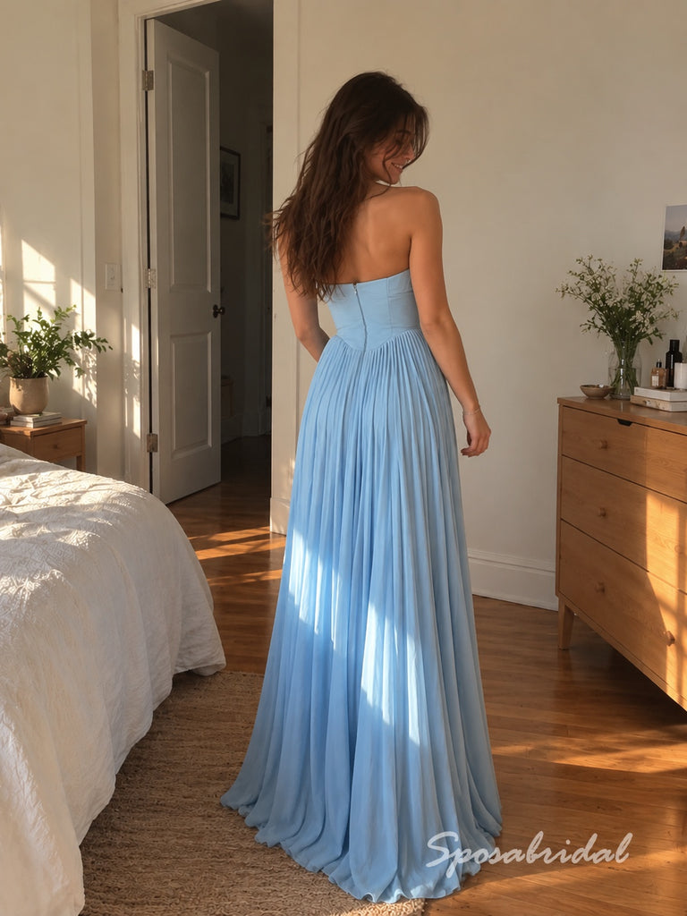 Light Blue Sweetheart Satin Chiffon Evening Dress, Strapless Pleated Bodice Floor Length A-Line Gown,PD4351