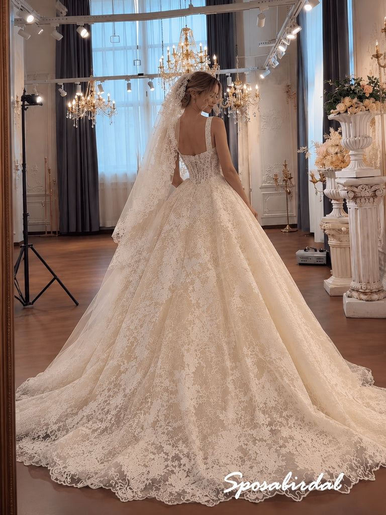 Square Neck Lace Corset Ballgown Wedding Dress, Thick Strap Allover Lace Bridal Gown, WD3146