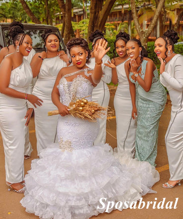 Sexy Soft Satin One Shoulder Long Sleeves Mermaid Floor Length Bridesmaid Dresses, BD3383