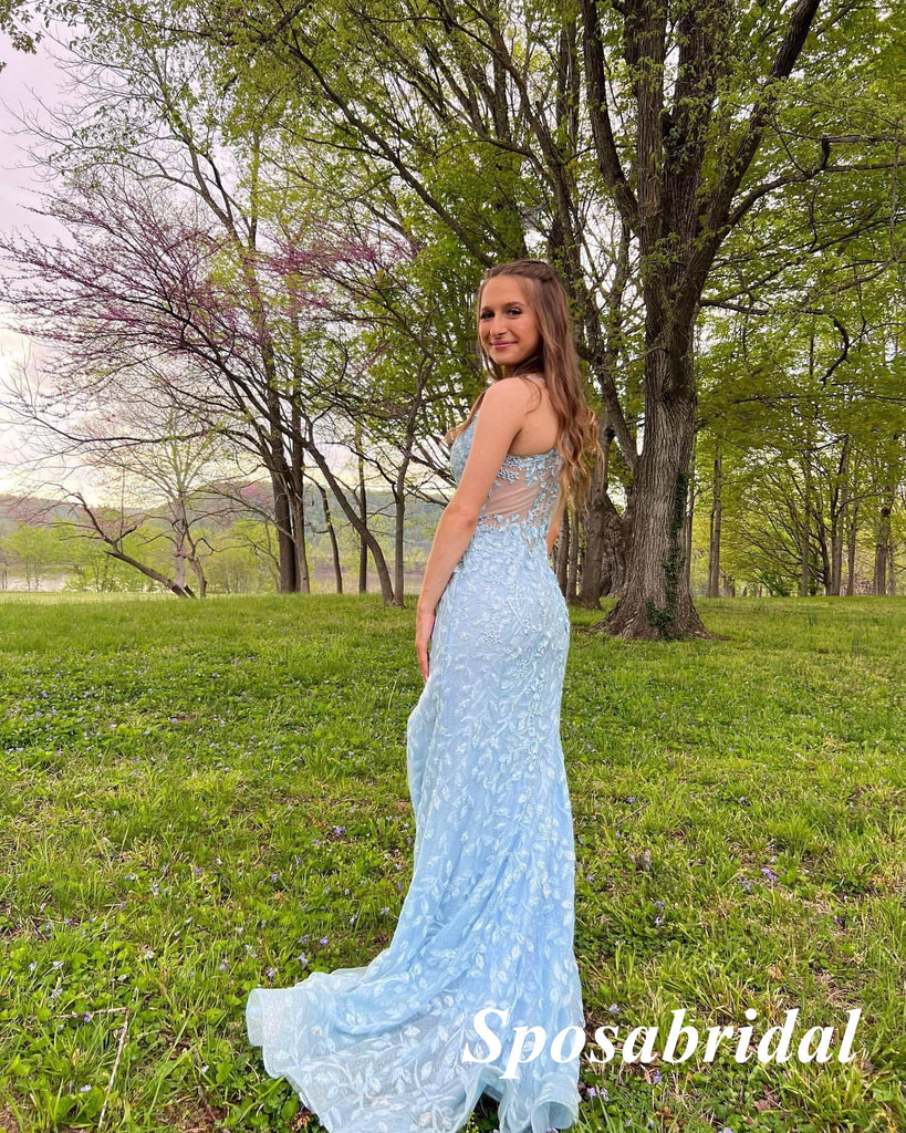 Sexy Blue Tulle And Lace Spaghetti Straps Sleeveless Side Slit Mermaid Long Prom Dresses, PD3942