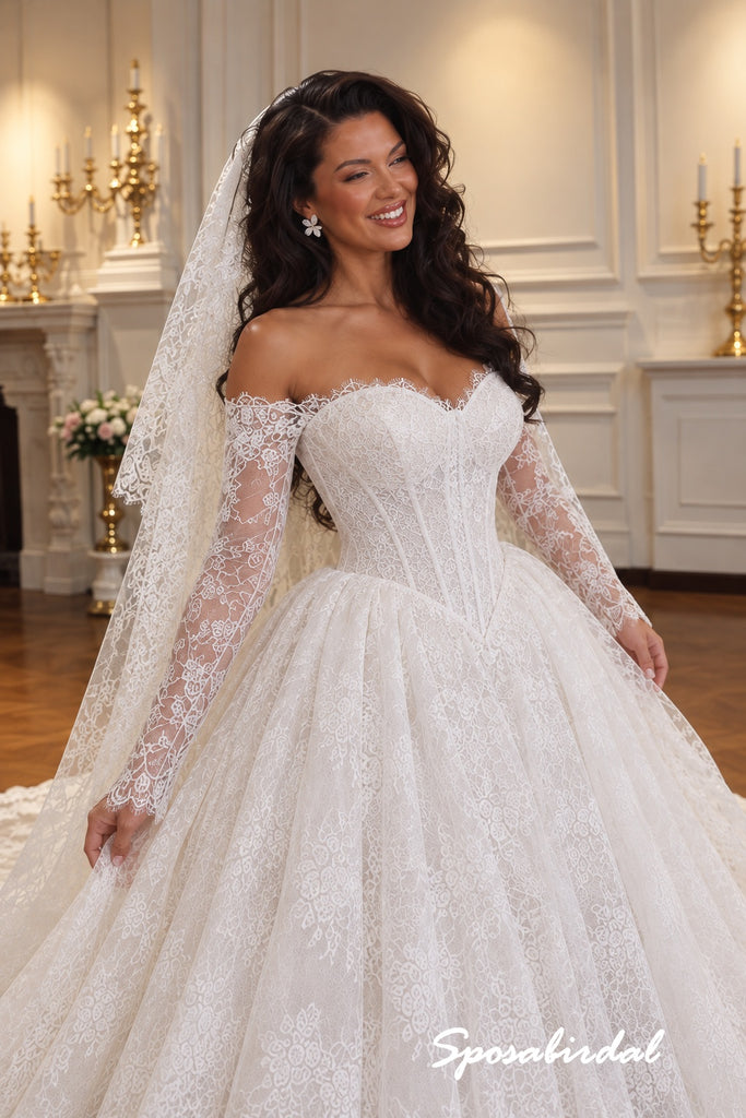 Off The Shoulder Long Sleeve Lace Corset Ballgown Wedding Dress, Sweetheart Lace Bridal Gown, WD3147