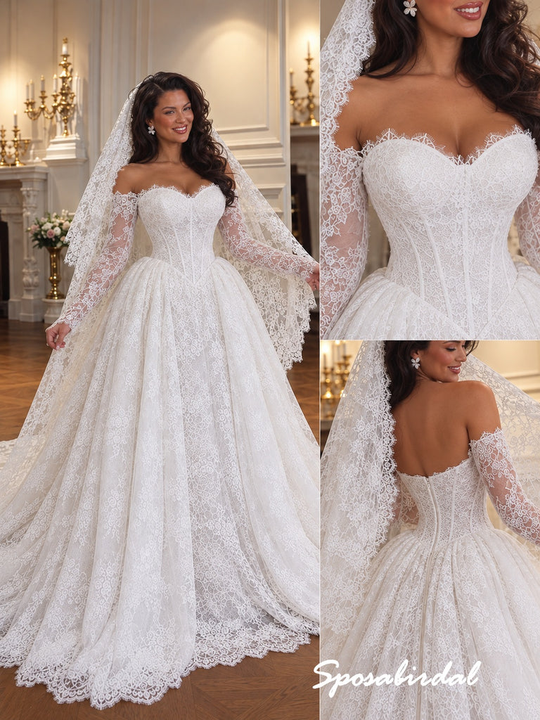 Off The Shoulder Long Sleeve Lace Corset Ballgown Wedding Dress, Sweetheart Lace Bridal Gown, WD3147