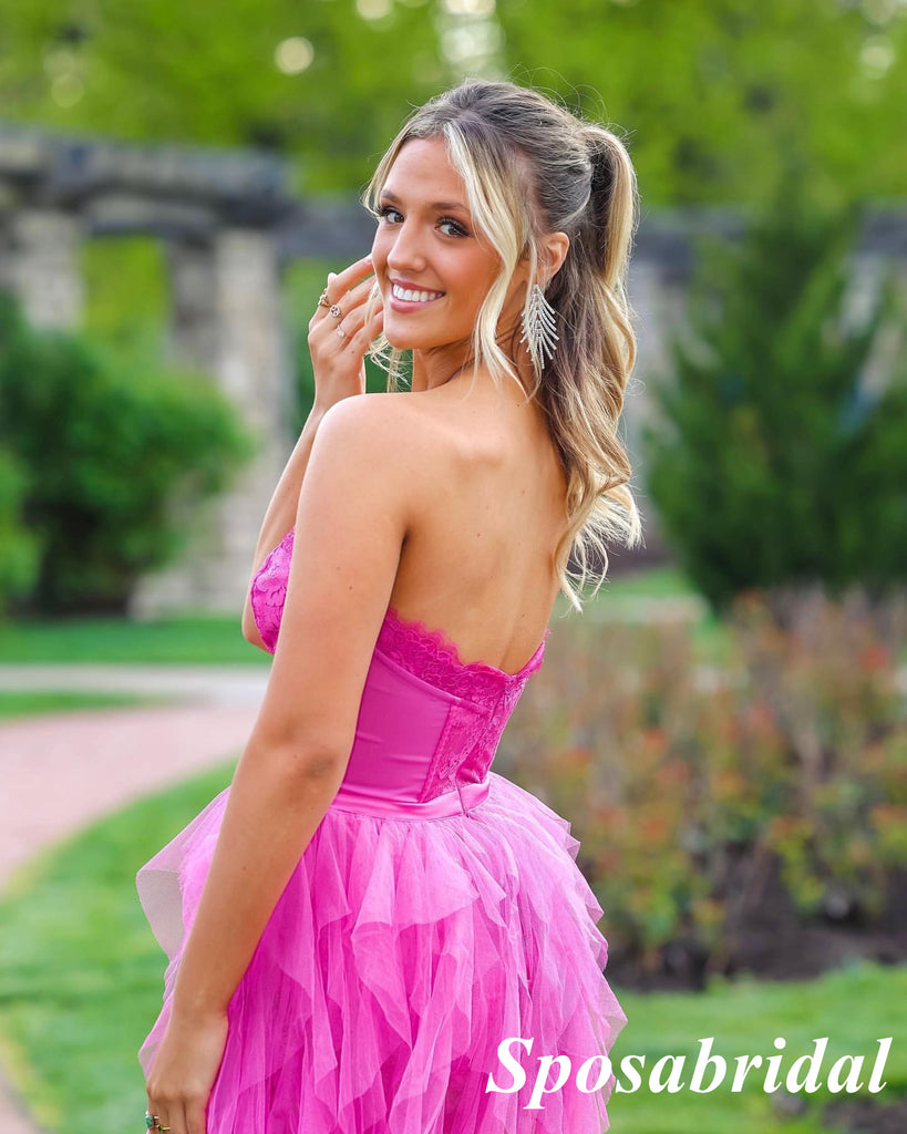 Sexy Fuchsia Pink Tulle And Lace Sweetheart V-Neck A-Line Long Prom Dresses, PD3858