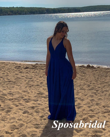 Sparkly Spaghetti Straps V-Neck Sleeveless A-Line Long Prom Dresses, PD3843