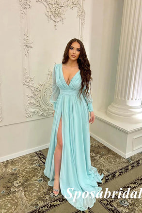 Elegant Chiffon Deep V-neck Long Sleeve Side Slit A-Line Long Prom Dresses, PD3806