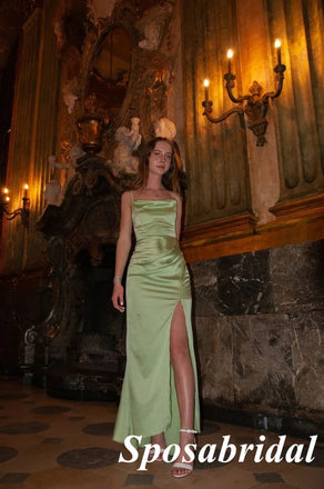 Sexy Soft Satin Spaghetti Straps Square Sleeveless Side Slit Mermaid Long Prom Dresses, PD3903