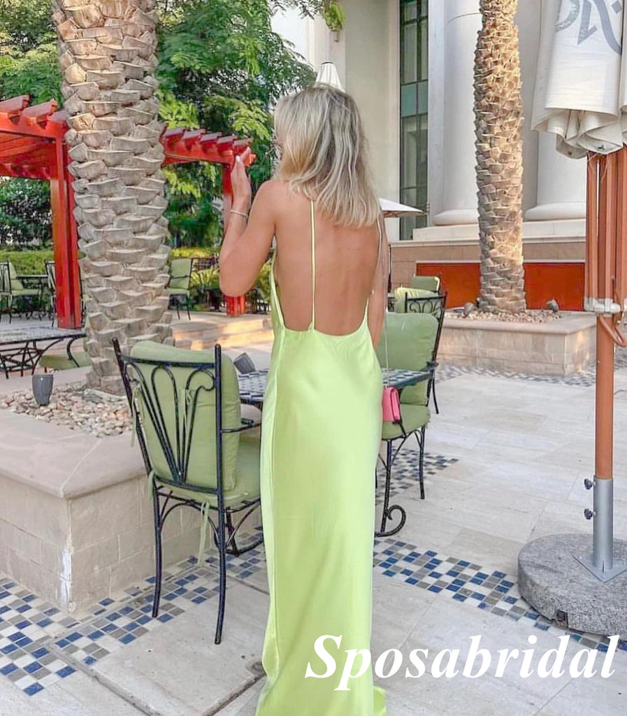 Sexy Green Soft Satin Open Back Mermaid Long Prom Dresses, PD3864