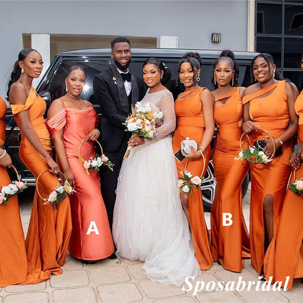 Sexy Mismatched Burnt Orange Soft Satin Mermaid Floor Length Bridesmai – SposaBridal