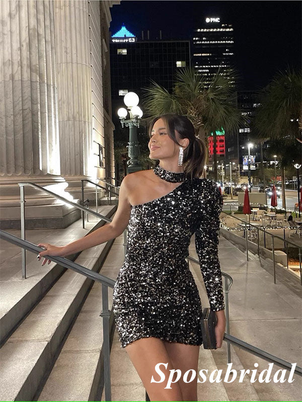 Sexy Black Sequin One Shoulder Long Sleeve Sheath Short Dresses/ Homec SposaBridal Sexy Black Sequin One Shoulder Long Sleeve Sheath Short Dresses/ Homec SposaBridal