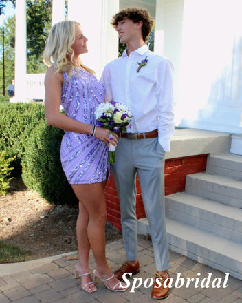 Shiny Sequin Lace One Shoulder Sleeveless Sheath Mini Dresses/ Homecoming Dresses, PD3606