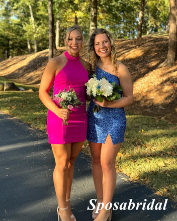 Sexy Gummy Pink Crepe Halter Sleeveless Sheath Mini Dresses/ Homecoming Dresses, PD3607