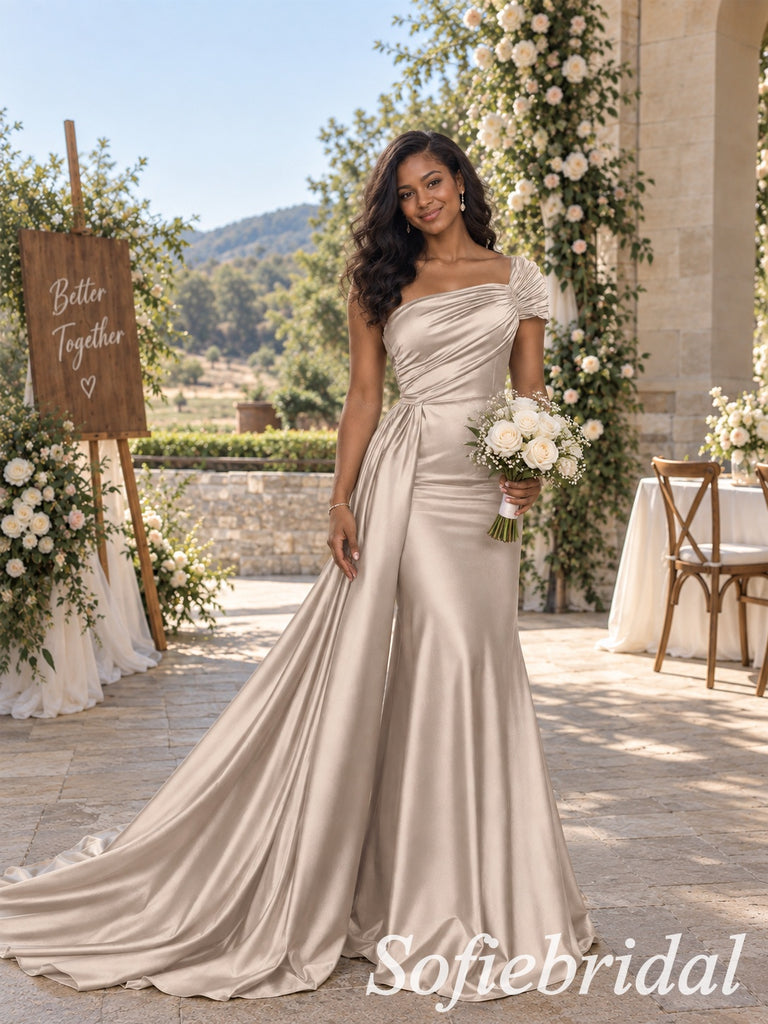 Luxury Champagne Satin Off The Shoulder Mermaid Bridesmaid Dress With Puff Short Sleeves, BD3480