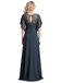 Chic Dark-Navy Chiffon Flutter Sleeves Embroidered Mother of the Groom Dress | Flowy Long Formal Gown, SFM015