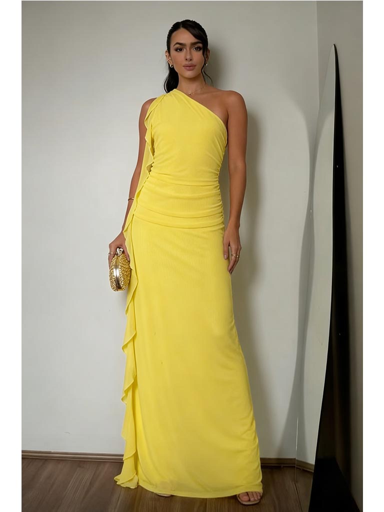 Bright Yellow One Shoulder Ruffled Maxi Dress for Wedding Guest & Evening Parties, PD4191